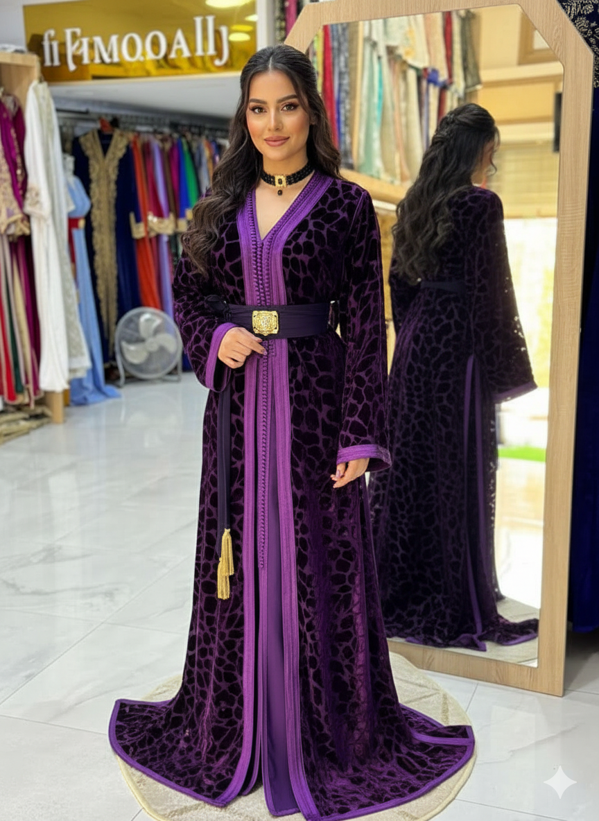 Caftan Marocain Luxe en Velours Violet – Broderie & Ceinture Mdamma