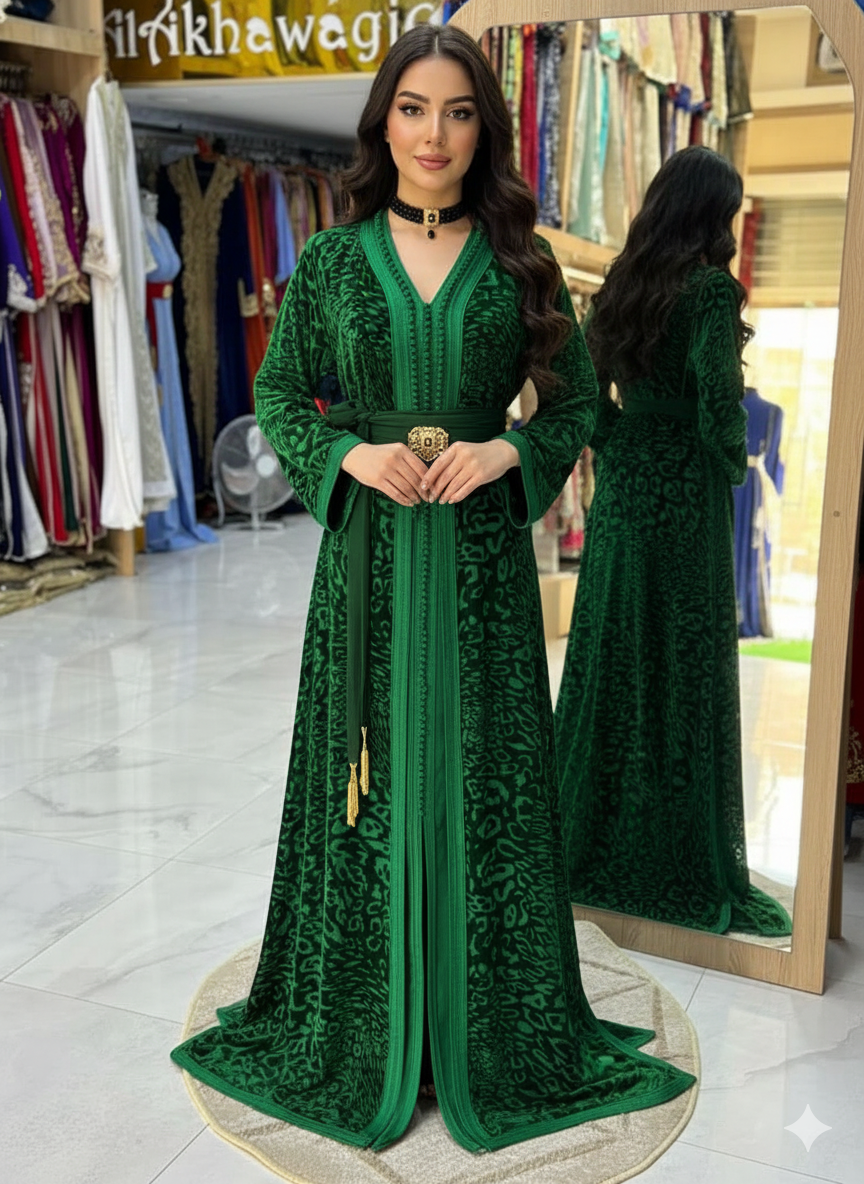 Caftan Marocain Luxe en Velours Violet – Broderie & Ceinture Mdamma